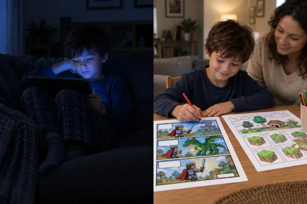O mesmo menino em duas cenas: à esquerda no sofá escuro com o tablet; à direita na mesa, com a mãe, pintando a página de atividade ao lado da história em quadrinhos.