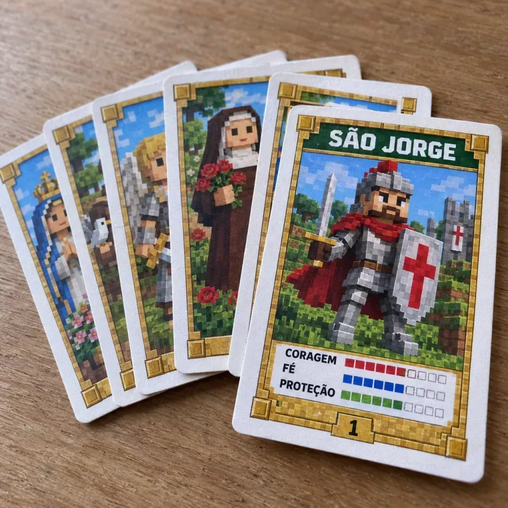 As cartas dos santos impressas e recortadas, espalhadas em leque sobre a mesa, cada uma com um santo em blocos e moldura dourada.