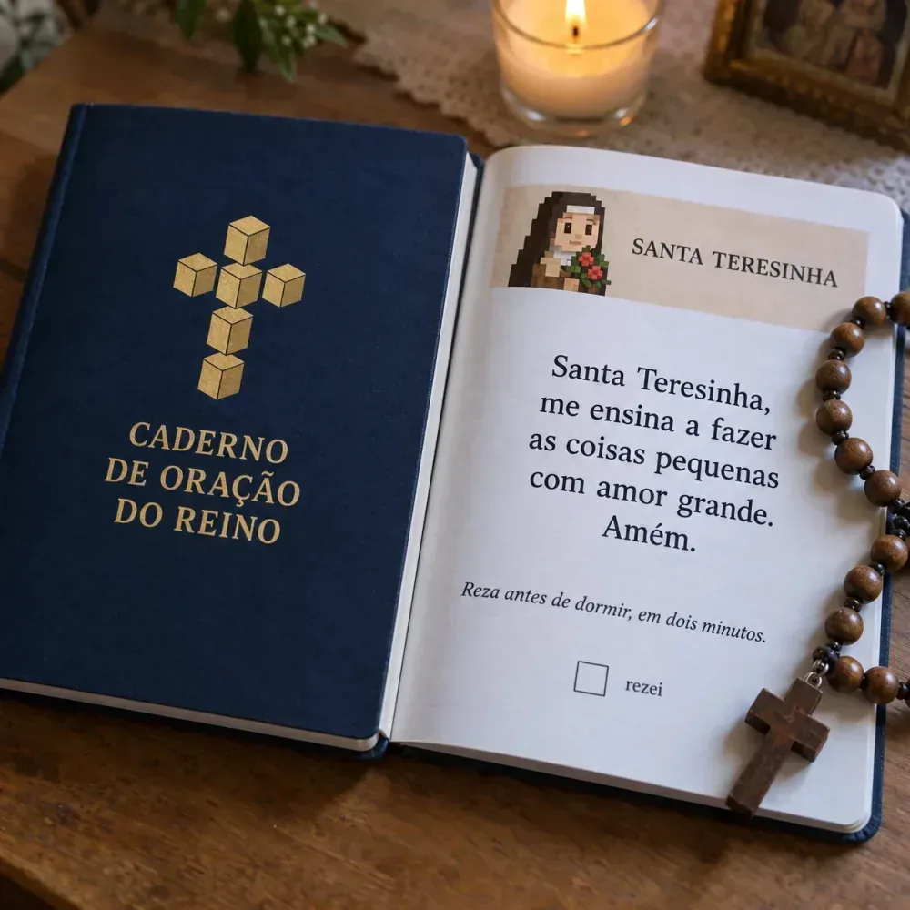 O caderno de oração: capa azul-escura com cruz dourada em blocos, aberto na página de Santa Teresinha com a oração de quatro linhas e um terço de madeira em cima.