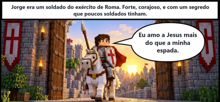 Quadro 1 da HQ da Missão 1: Jorge era um soldado do exército de Roma, com um segredo: amava a Jesus mais do que a espada.