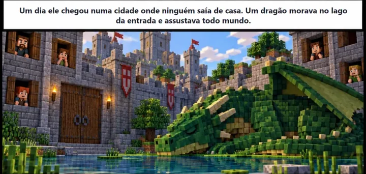 Quadro 2 da HQ da Missão 1: Chegou numa cidade onde ninguém saía de casa: um dragão morava no lago da entrada.