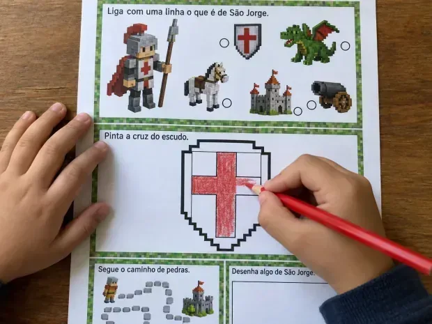 A mão da criança com o lápis vermelho pintando a cruz do escudo na página de atividade da missão.