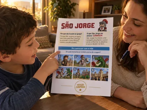 O menino apontando pra um dos seis quadrinhos da página final e contando a história pra mãe, que escuta sorrindo com a caneta sobre o selo.