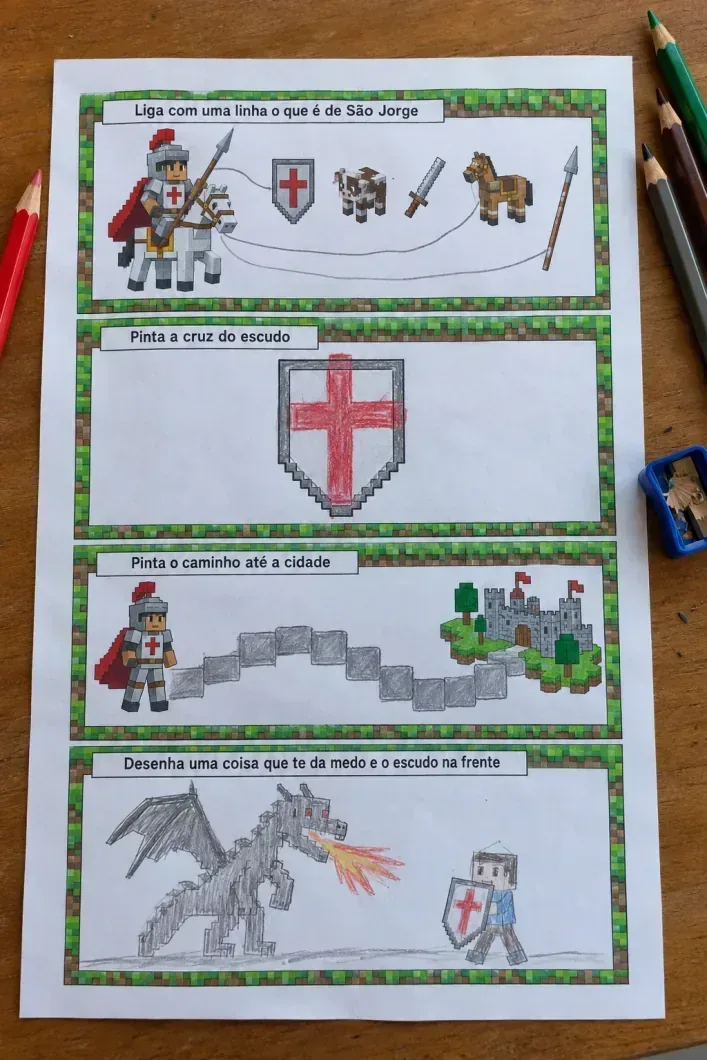 A página de atividade da Missão 1 depois de feita: os objetos de São Jorge ligados, a cruz do escudo pintada de vermelho, o caminho até a cidade pintado e o desenho do dragão com o escudo na frente.