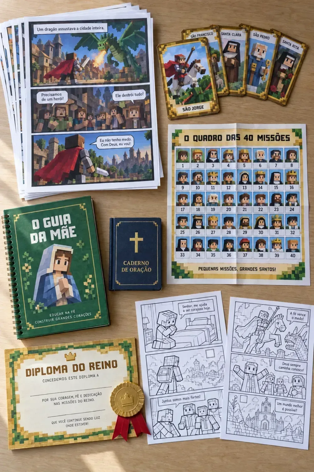 Tudo o que chega no e-mail: o leque das 40 folhas de missão e os seis bônus na frente: as cartas dos santos, o quadro das missões, o guia da mãe, o caderno de oração, o diploma com a medalha e a versão econômica.